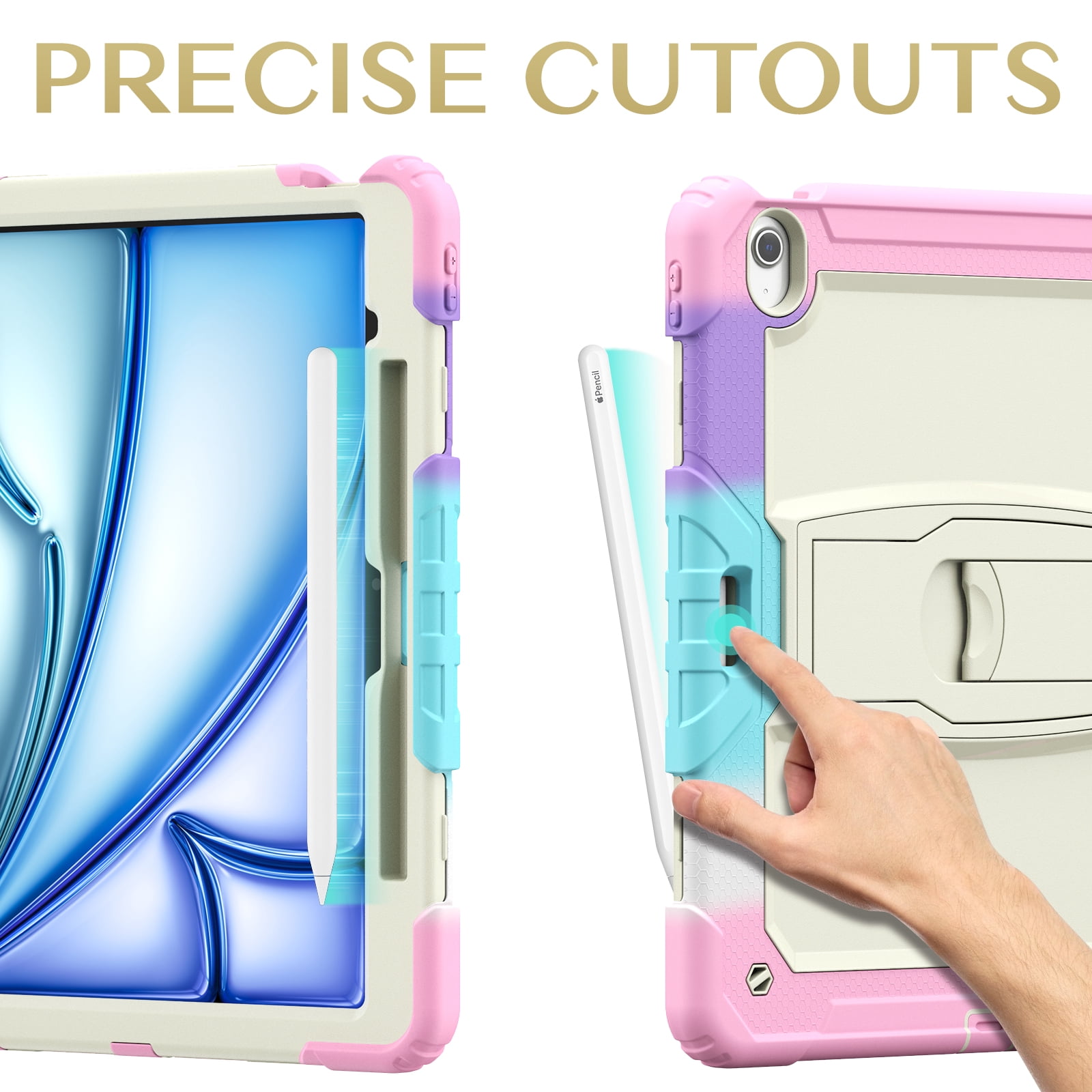 Rugged Case For Apple iPad Air 13 (2024) – 3-Layer Protection Shockproof Stand Cover with Screen Protector, Adjustable Stand, Shoulder Strap, & Pencil Holder -- Colorful Pink