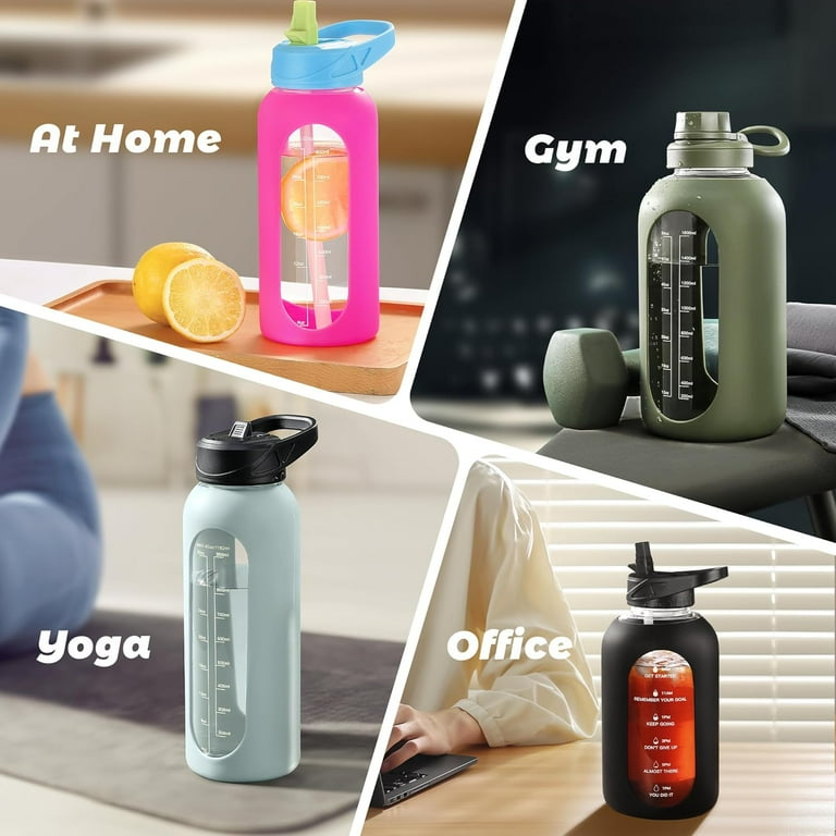 ZEN 24 oz Glass Water Bottle with Straw and Handle, Large Sports  Motivational Water Bottle Flask with Time Marker and 2 Lids, Leakproof Jug  Canteen with Silicone Sleeve for Gym, Black - Walmart.com