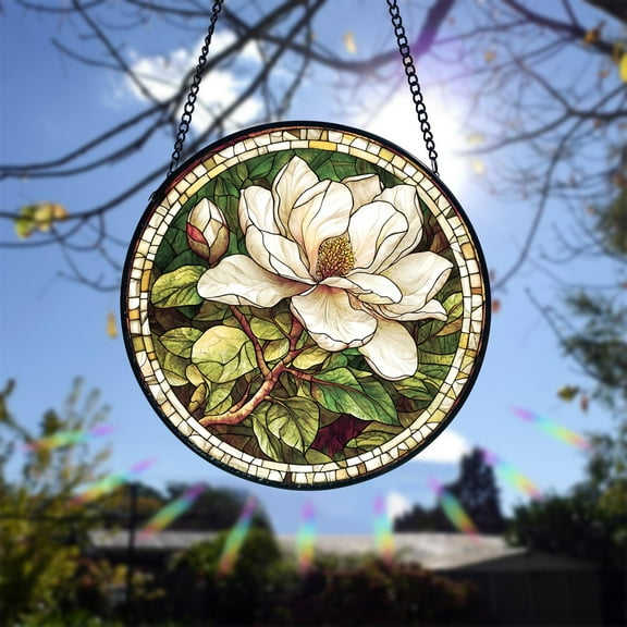 White Magnolia Stained Glass Suncatcher, Elegant Flower Window Hanging, Garden Lover Gift, Mother’s Birth Flower Home Decoration