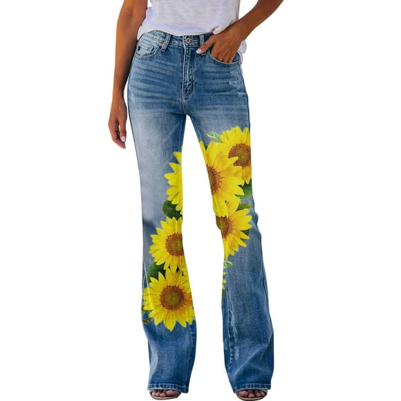 TSADFHJI Black Skirt Women Plus Size Womens Pants Printed Pattern Loose Flared Hem Jeans Stretch Flared Bottoms S Yellow