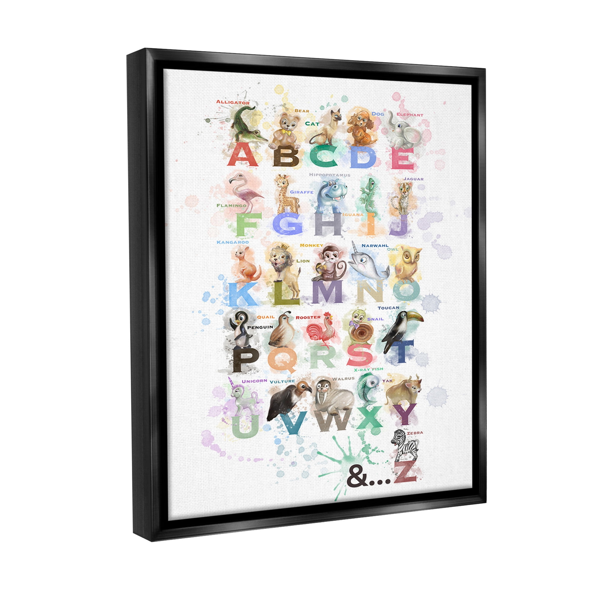 Stupell Industries Modern Splash Animal Alphabet Animals & Insects Painting Black Floater Framed Canvas Art Print Wall Art, 17 x 21