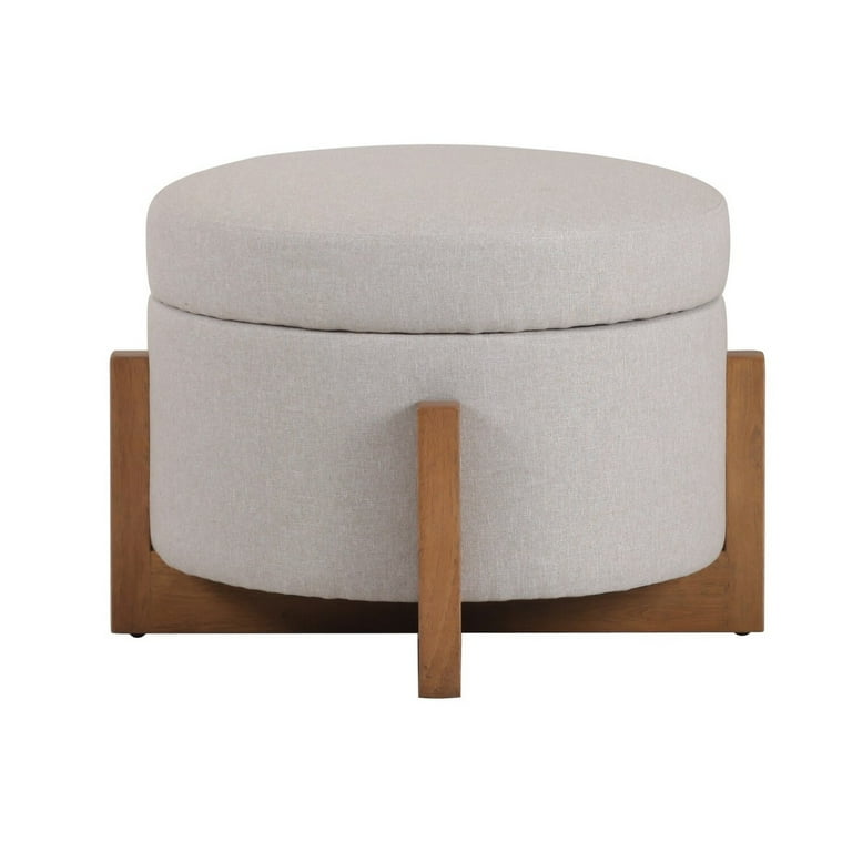 Benjara 24 Inch Ottoman Round Cushioned Storage Seat Gray Polyester Brown Wood