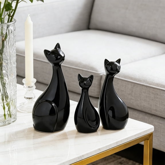 AURIGATE 3-Pack Modern Ceramic Cat Figurines, Gold/Black/White Metallic Finish Sculptures, Minimalist Home Decor for Living Room Shelf Tabletop