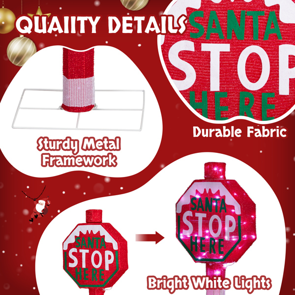 Lighted Christmas Road Sign - 70 White LED Lights, Weather-Resistant Metal/Fabric, Collapsible Design (w/Ground Stakes) - Indoor/Outdoor Holiday Decor