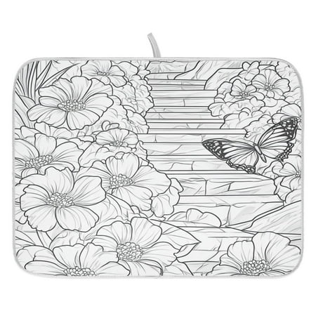 

Flowers and Butterflies Line Art Dish Drying Mat for Kitchen Quick Drying Absorbent Soft Durable 16 x 18