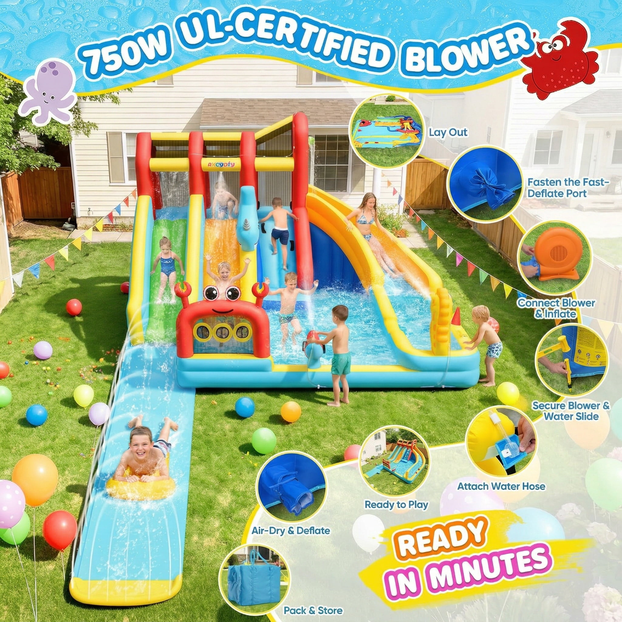 Veeboto Inflatable Water Slide with 750W Blower, Water Park Featuring 3 Slides, Pool, Water Cannon, Ball Net, Ball Hoop, Ring Toss Pole, Climbing Wall, Bounce House for Ages 3-12