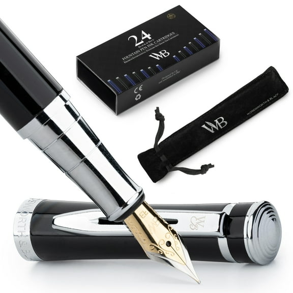 Wordsworth & Black Fountain Pen Set, Medium Nib, Includes 24 Pack Ink Cartridges, Ink Refill Converter & Gift Pouch, Chrome Finish, Calligraphy, [Black Chrome], Perfect for Men & Women