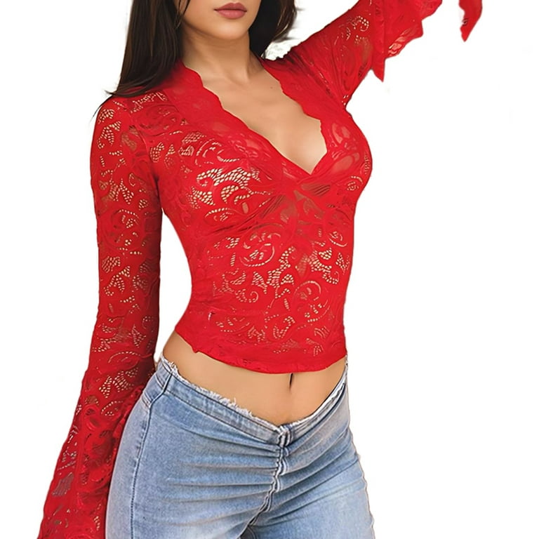 Women'S Long Sleeve Deep V Lace Slim Fitted Crop Top Red L