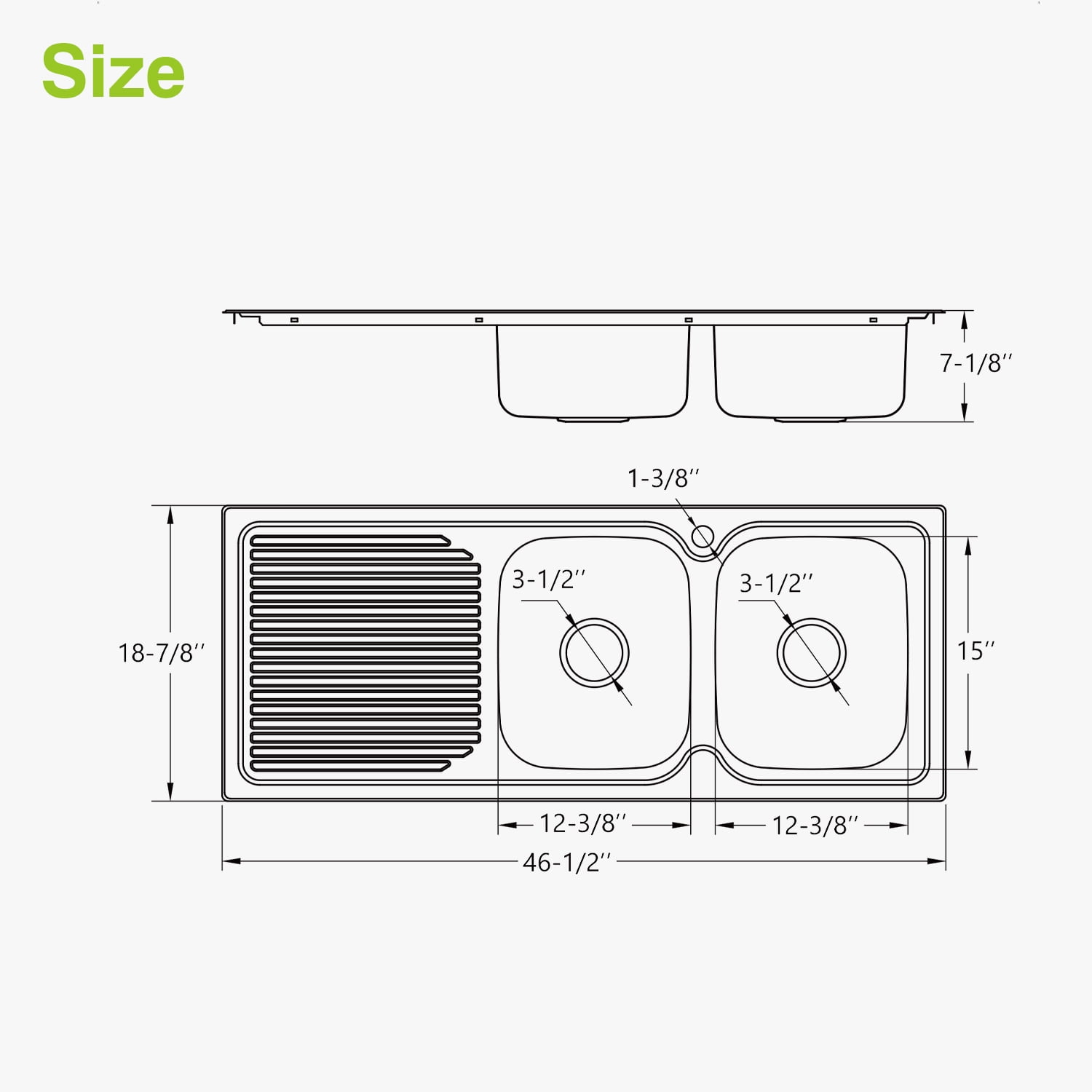 Naiture Double Bowl Stainless Steel Kitchen Sink, Rectangular Drop-In Top Mount Sink, 46-1/2" X 18-7/8" with Left Drainboard and Single Faucet Hole