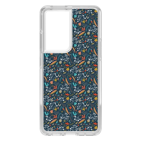 DistinctInk Clear Shockproof Hybrid Case for Galaxy S21 ULTRA 5G (6.8" Screen) - TPU Bumper, Acrylic Back, Tempered Glass Screen Protector - Modern Floral - Navy Red White