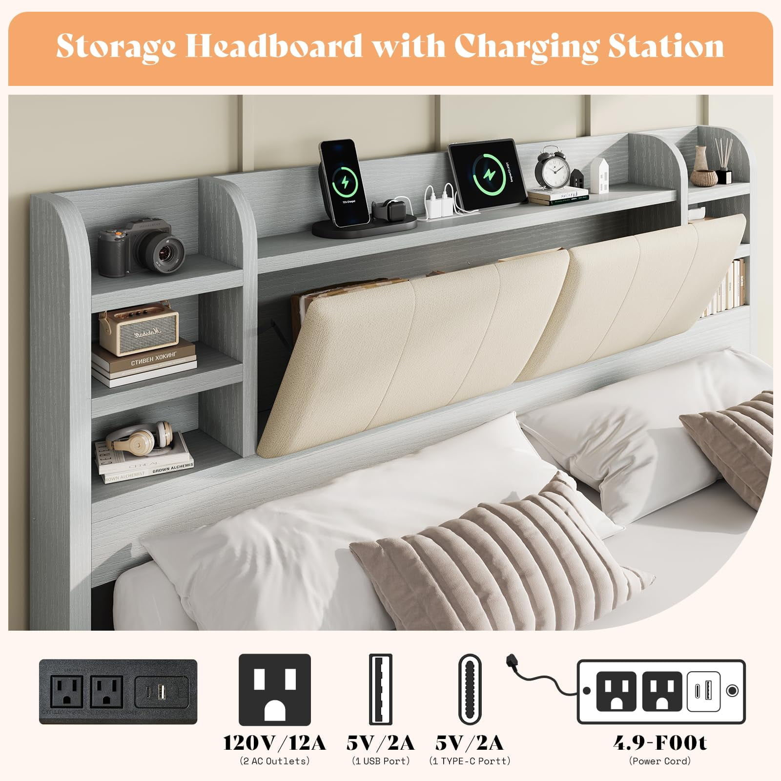 amerlife King Size Bed Frame with 4 Storage Drawers with 47.2" Bookcase Headboard, Charging Station,Light Grey