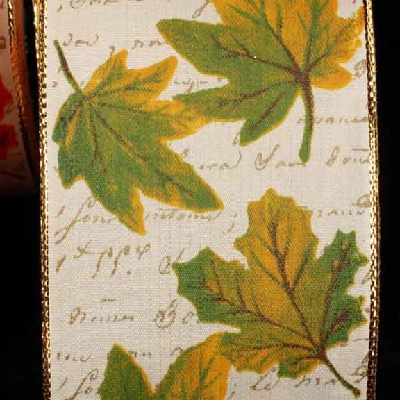 The Ribbon People White and Green Leaf Wired Edge Craft Ribbon 2.5" x 20 Yards