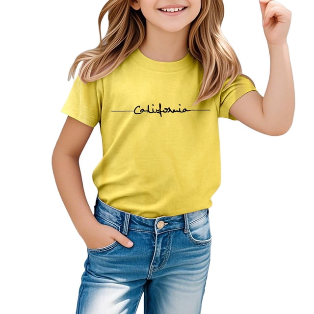 NINGMENG Hauts et T-Shirts pour Filles Été Imprimé Lettre Col Rond Manches Courtes T-Shirts Décontractés Amples Vêtements de Vacances, Jaune, 6-7 Ans