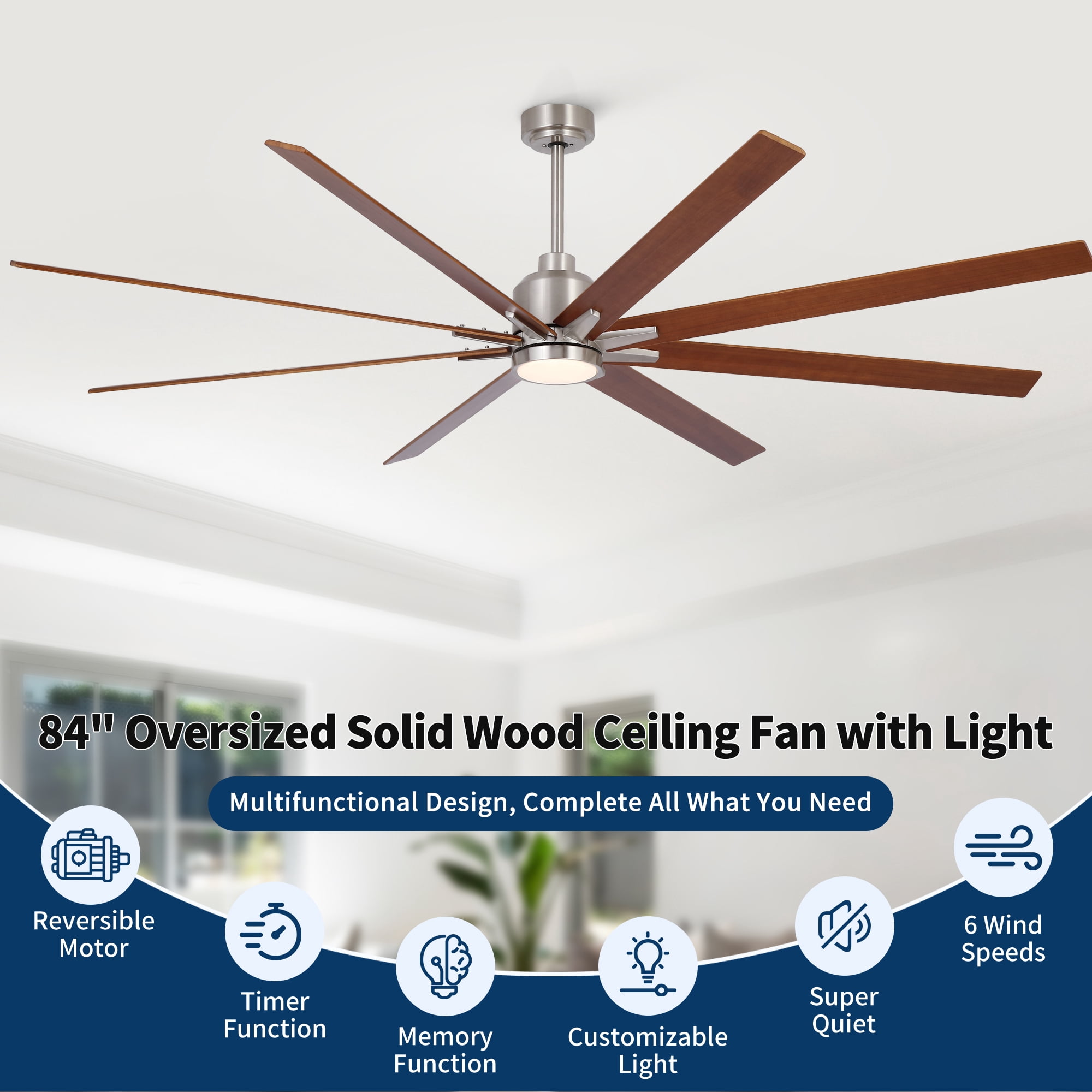 Leumius 84" Oversized Large Brushed Nickel Black Walnut Solid Wood Ceiling Fan with Dimmable Led Light 8 Black Walnut Solid Wood Blades Remote Control Reversible DC Motor for Living Room Warehouse