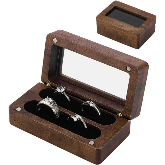 2 Slots Walnut Wooden Ring Box Wedding Ring Holder with Window Rings Display Holder Rectangle Rings Bearer Boxes Jewelry Storage Cases for for 2 to 4 Rings Proposal Engagement Anniversary