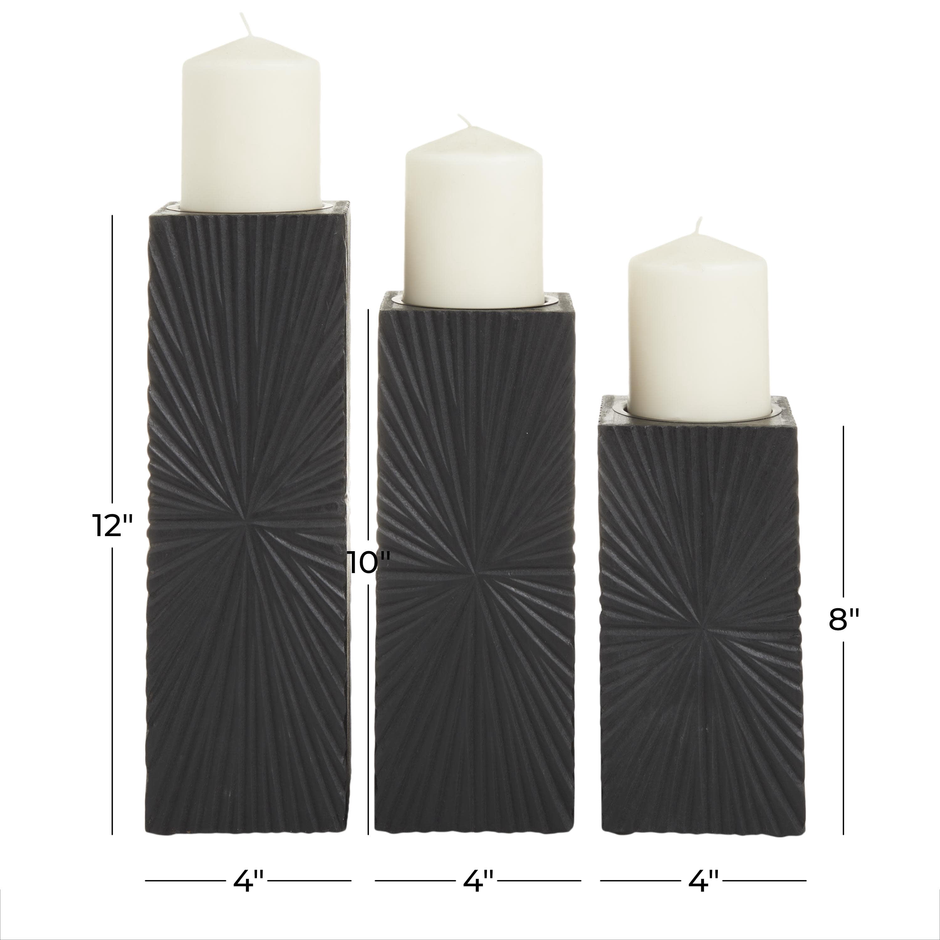 CosmoLiving by Cosmopolitan 3 Candle Black Wood Geometric Carved Pillar Candle Holder, Set of 3
