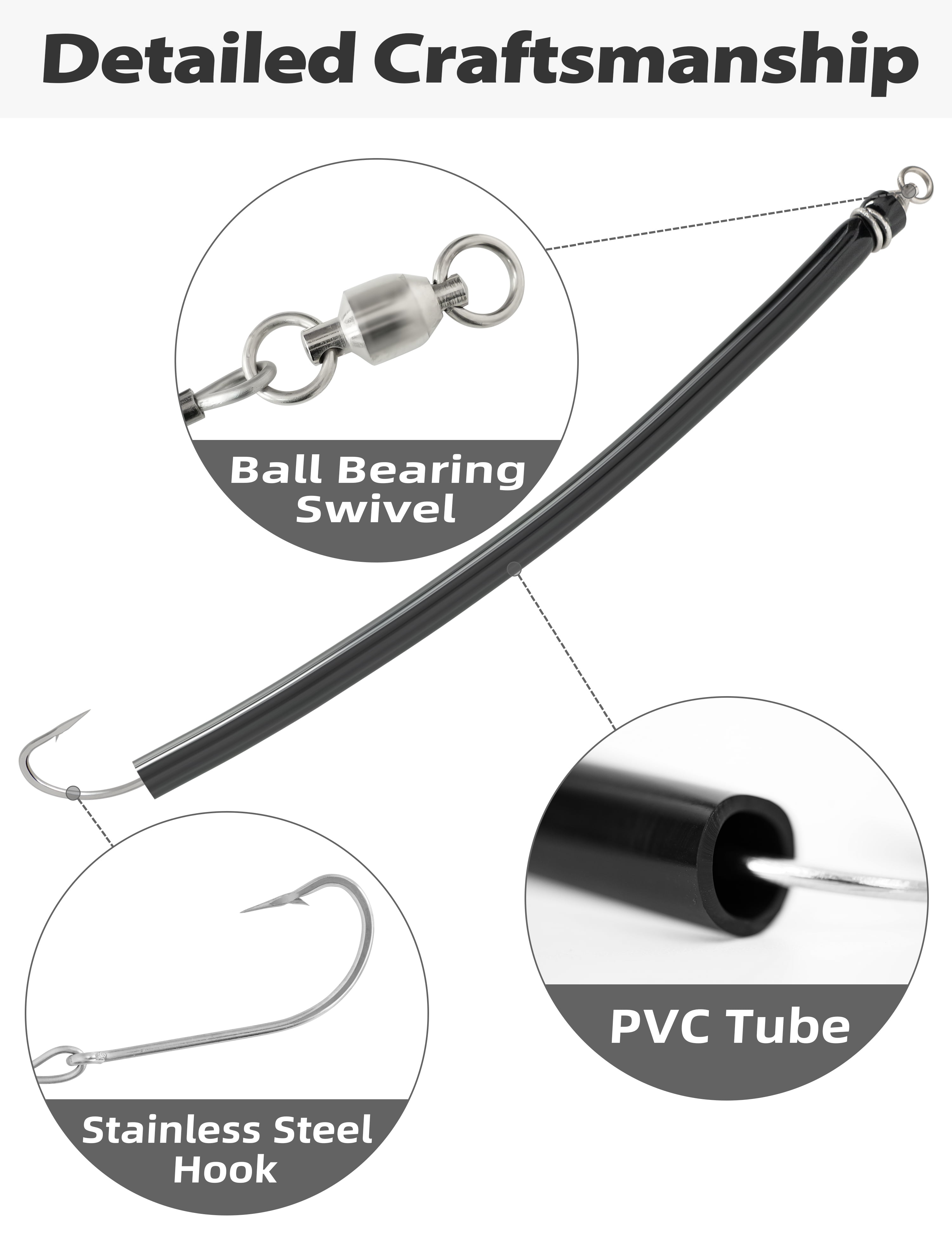 BLUEWING 18in Trolling Tube Fishing Lure with Soft Stainless Steel Wire and Single Hook Saltwater Striped Bass Trolling Tube Teaser Black