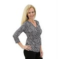 thumbnail image 3 of Women's Solid/Print V Neck 3/4 Sleeve Knit Front Drape Wrap Jersey Tops Side Shirring Blouse&nbsp;( Black white prints), 3 of 7
