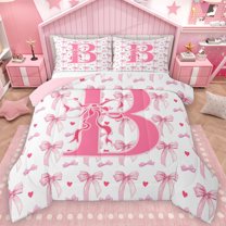 Homewish Initial Letter B Full Size Comforter Sets,Kawaii Bow Ribbon Bedding Comforter Set,Pink Heart Print Bedding Sets For Girl,Breathable Bedroom Decoration Reversible,3-Piece