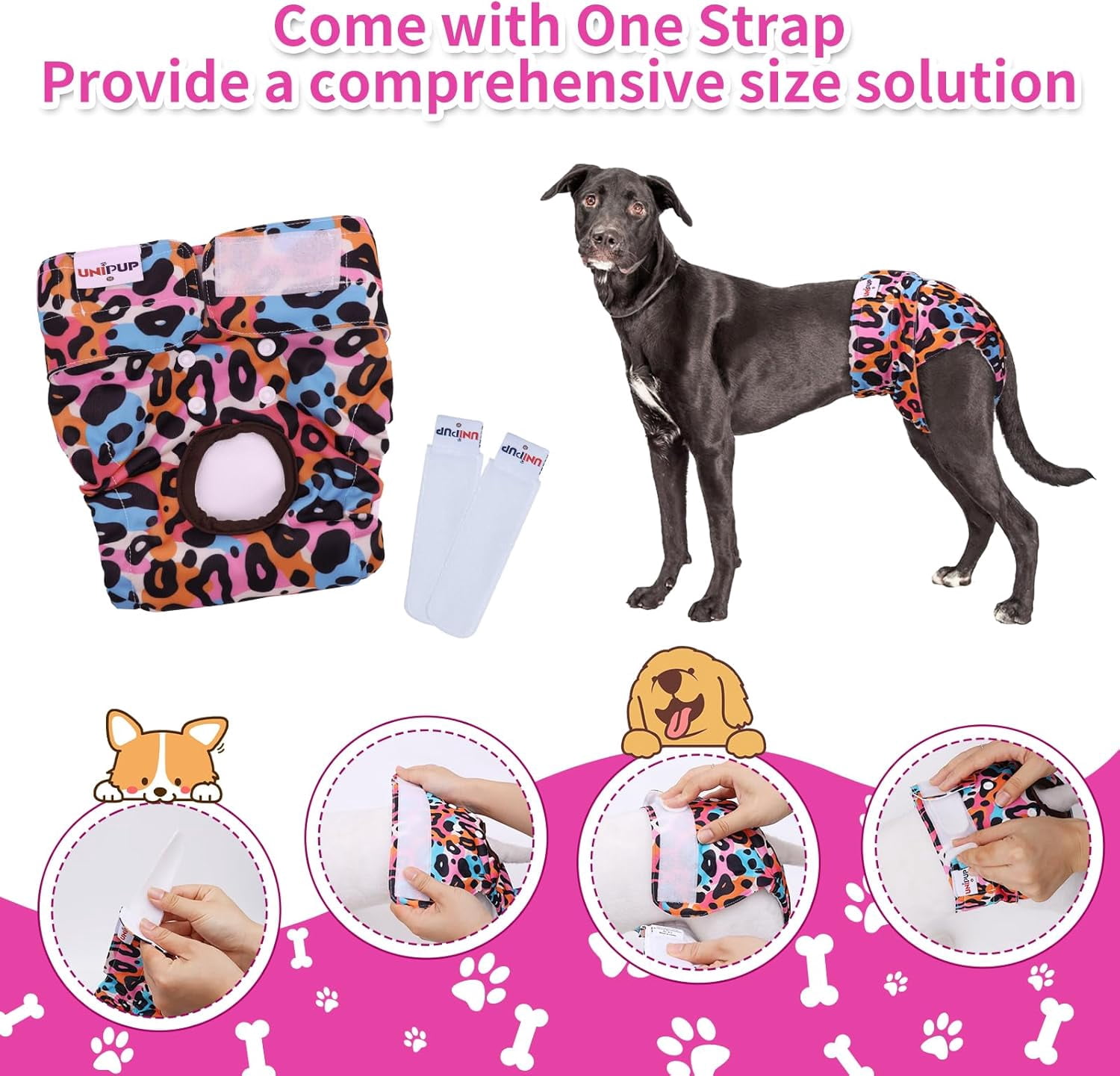 JJEAN-Reusable Female Dog Diapers Period Panties Washable Puppy Pee Pads with Adjustable Strap for Medium Dogs in Heat and Incontinence