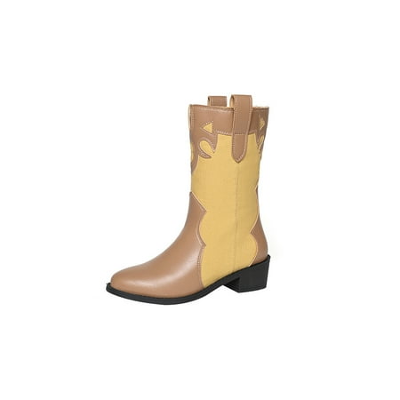 

Rockomi Women Vintage Shoes Mid Calf Cowgirl Boots Chunky Heel Western Boot Womens Comfort Fashion Non-Slip Pointed Toe Apricot 7