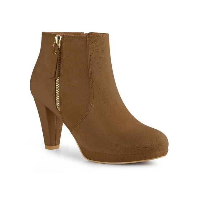 Unique Bargains Bottines à Plateforme pour Femmes Bout Rond Talon Épais Marron (Taille 6.5)