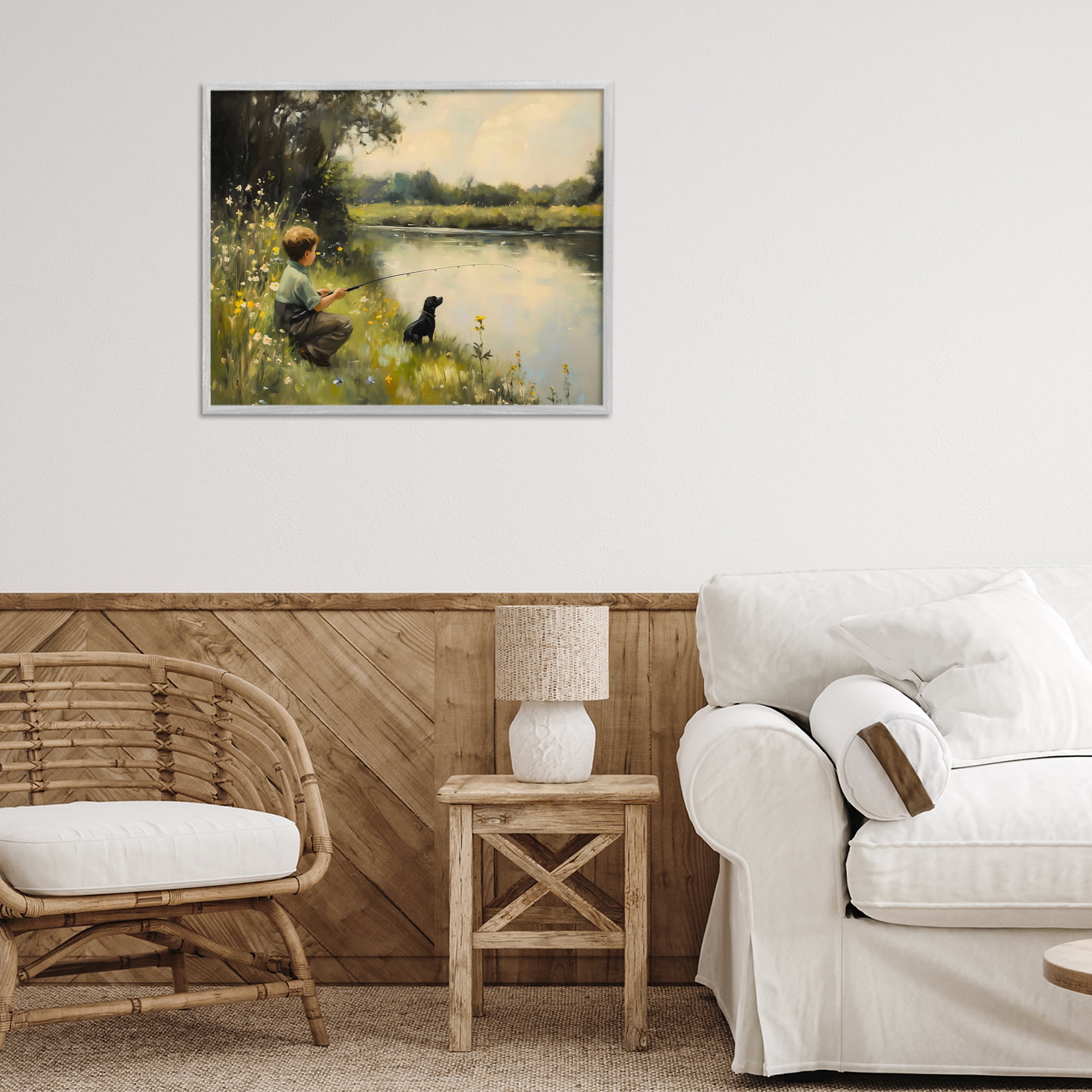 Boy & Puppy Fishing Gray Framed Giclee Art, design by Arlington Prints
