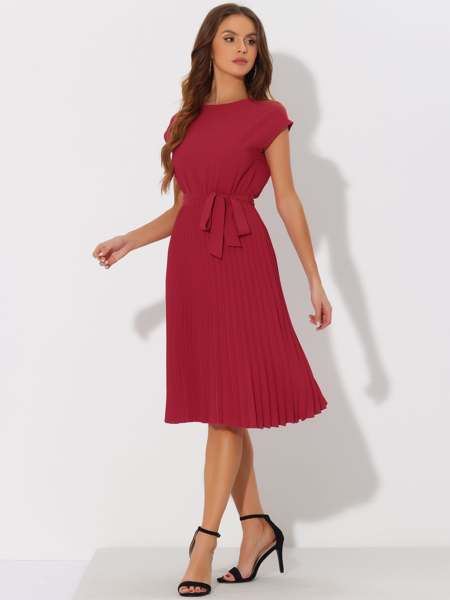 DARING DIVA Pleated Dress Sleeveless Tie Waist A-Line Dress M Red