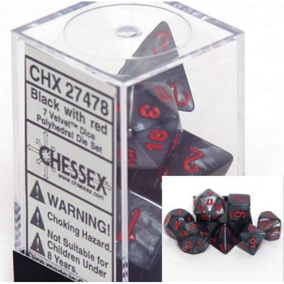 Chessex Polyhedral 7-Die Velvet Dice Set - Black With Red 27478