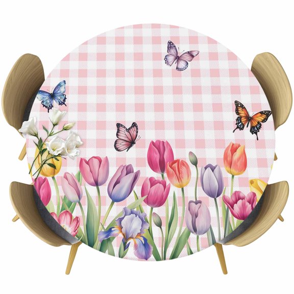 Tulips Spring Floral Round Tablecloth, Fitted Table Cover with Elastic for 45"-54" Round Tables, Pink Plaid Flowers Butterfly Pastoral Table Cloth Outdoor Indoor Dinning Party Waterproof Tablecloths