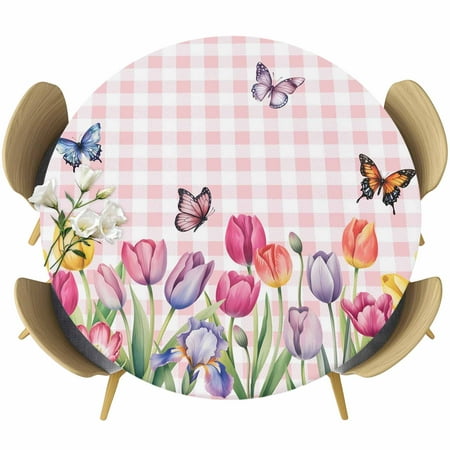 Round Fitted Tablecloth Spring Fields Tulips Circle Table Cover Waterproof Table Cloth with Elastic Edge Butterflies on Pink Plaid Outdoor Tablecloths for Kitchen Picnic 55-60in