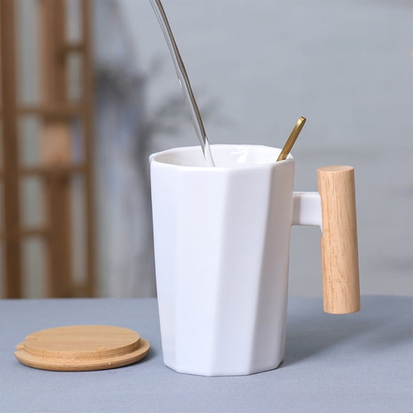 Taza de Cerámica Hexagonal con Asa de Madera y Tapa, 11.3x11.5cm, Taza Moderna de Café o Té para Oficina, Vajilla para Bebidas Ecológica y Duradera como Regalo para el Hogar o el Trabajo, 1 Pieza
