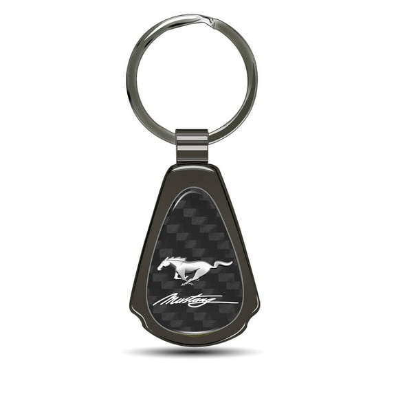 Mustang Script Real Black Carbon Fiber Gunmetal Black Metal Teardrop Key Chain