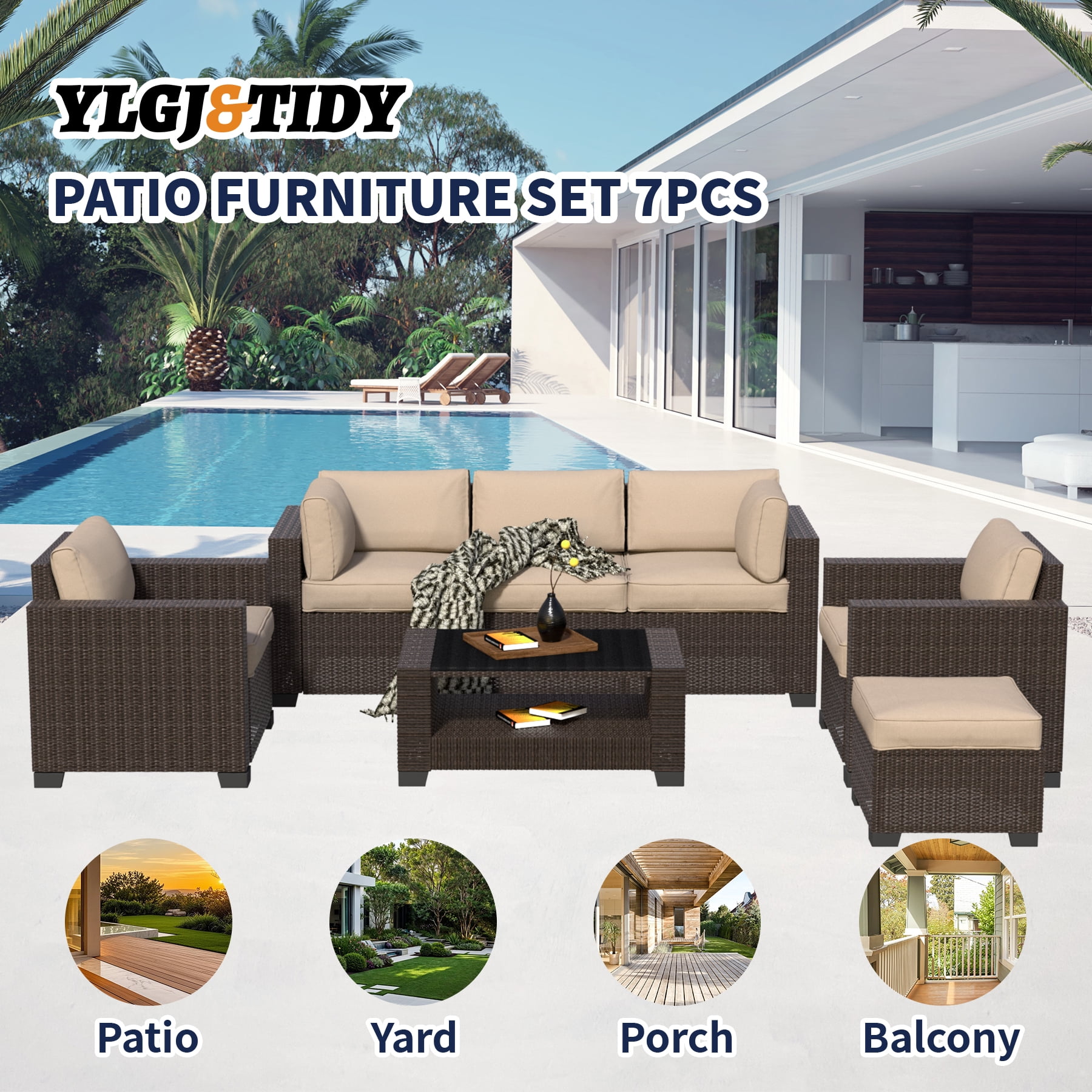 7-Piece Outdoor Sectional Patio Furniture Set, All-Weather Wicker Rattan Sofa with Thick Washable Cushions & Tempered Glass Table, Perfect for Garden, Poolside, Backyard (Beige)