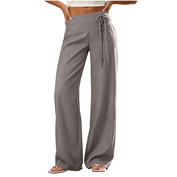 cocolona Womens Summer Casual Striped Dress Pants Elastic Waist Straight Wide Leg Work Pants with Pockets