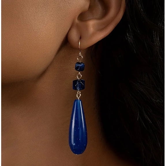 Pierced 3" gold and blue speckled stone dangle earrings