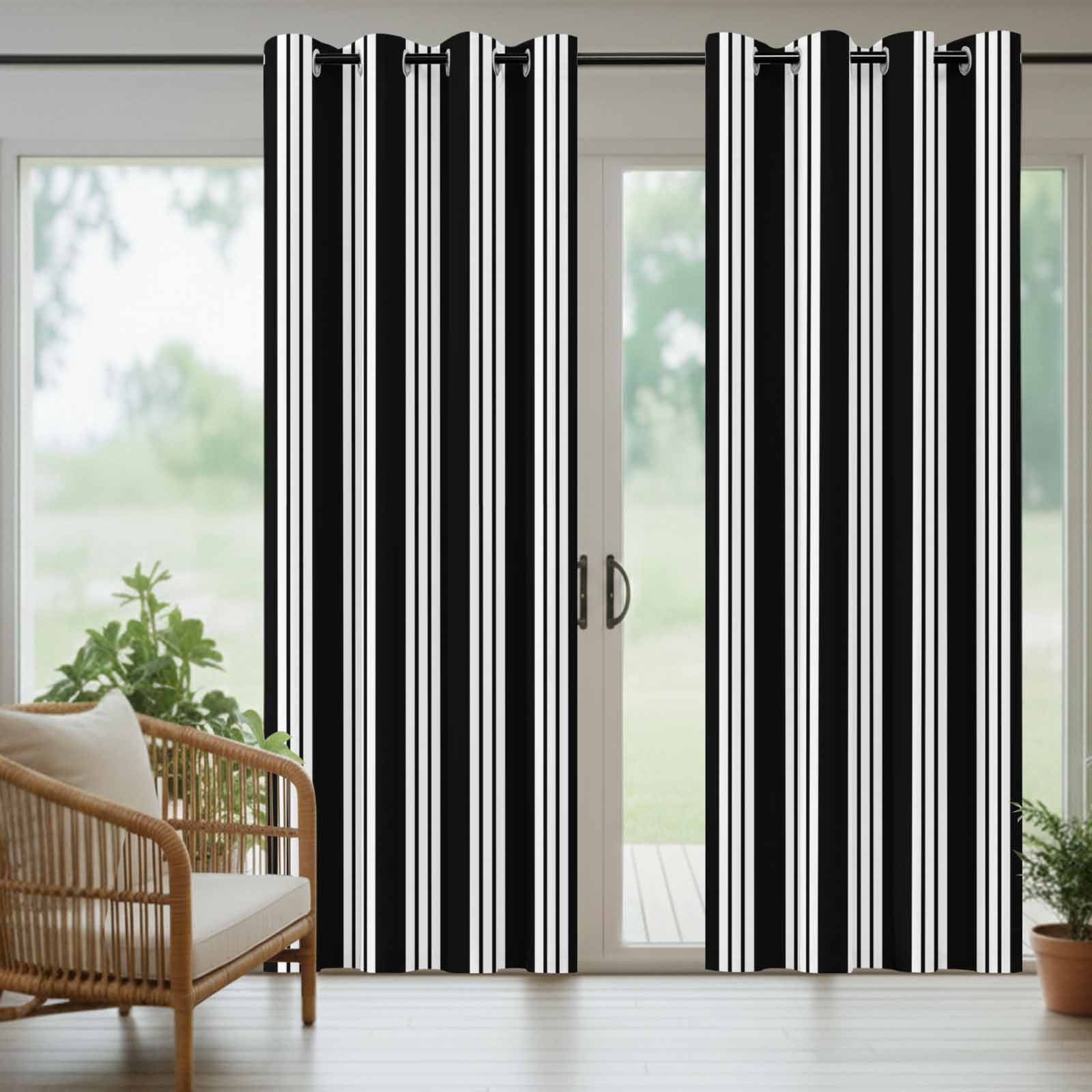 Black Striped Outdoor Curtains for Patio, Modern Classic Stripes Rustic Country Farmhouse Sunshade Privacy Drapes Grommet Waterproof Outside Curtains for Porch/Cabana/Balcony 54"x 108", 1 Panel
