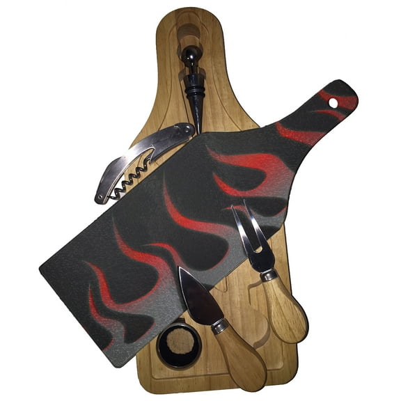 KuzmarK Wine & Cheese Glass Cutting Board Wood Box Gift Set - Hot Rod Cool Fire