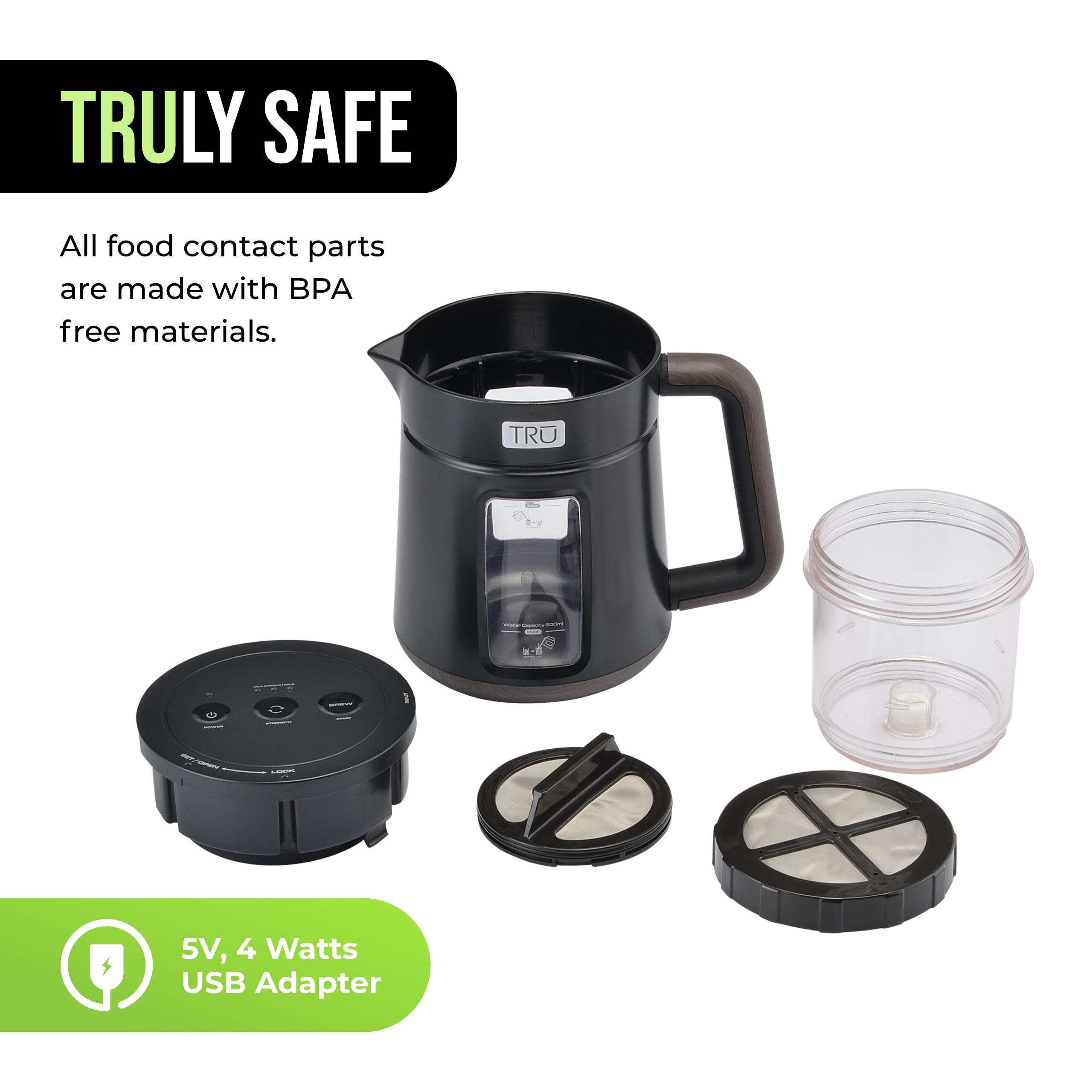 TRU Rapid Cold Brew Coffee Maker - Adjustable Brew Strength for Mild, Medium & Bold Coffee - Patented Vacuum Technology for Fast Extraction - Dual Mesh Filters - Makes 17 oz