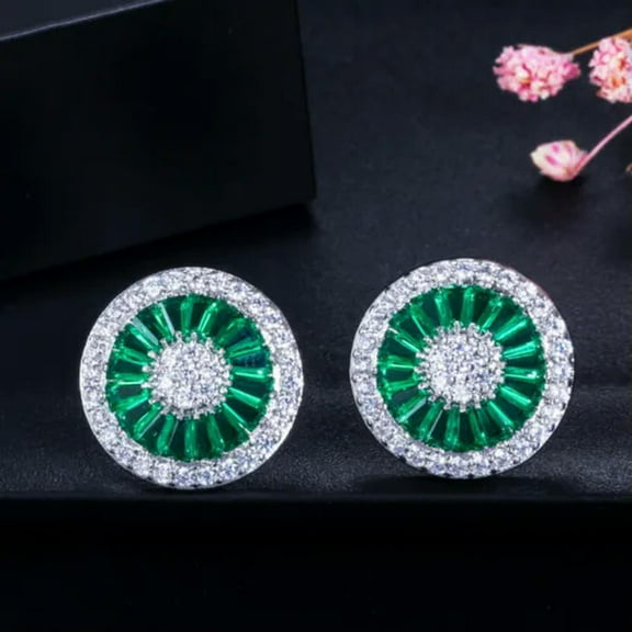 Silver Plated Red Green Cubic Zircon Crystal Round Stud Earrings for Women Party