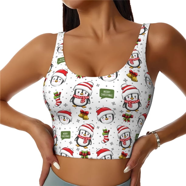 Balery Cute Christmas Hat Penguin A Sujetadores deportivos con espalda cruzada para mujer, acolchados, sin costuras, de alto impacto, ideales para yoga, gimnasio, entrenamiento y fitness.-Medium