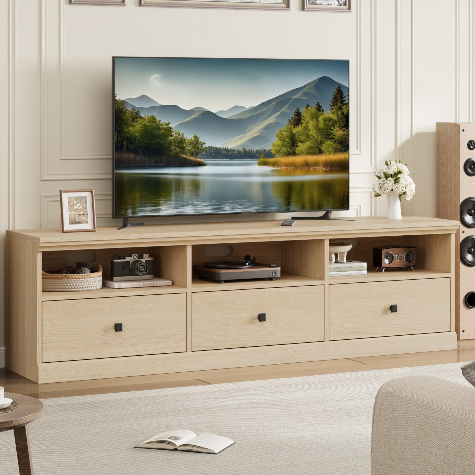 Emorefun 70 Inch Farmhouse TV Stand, Entertainment Center with Storage Drawer & Open Shelves for TVs up to 75 Inch, Light Oak