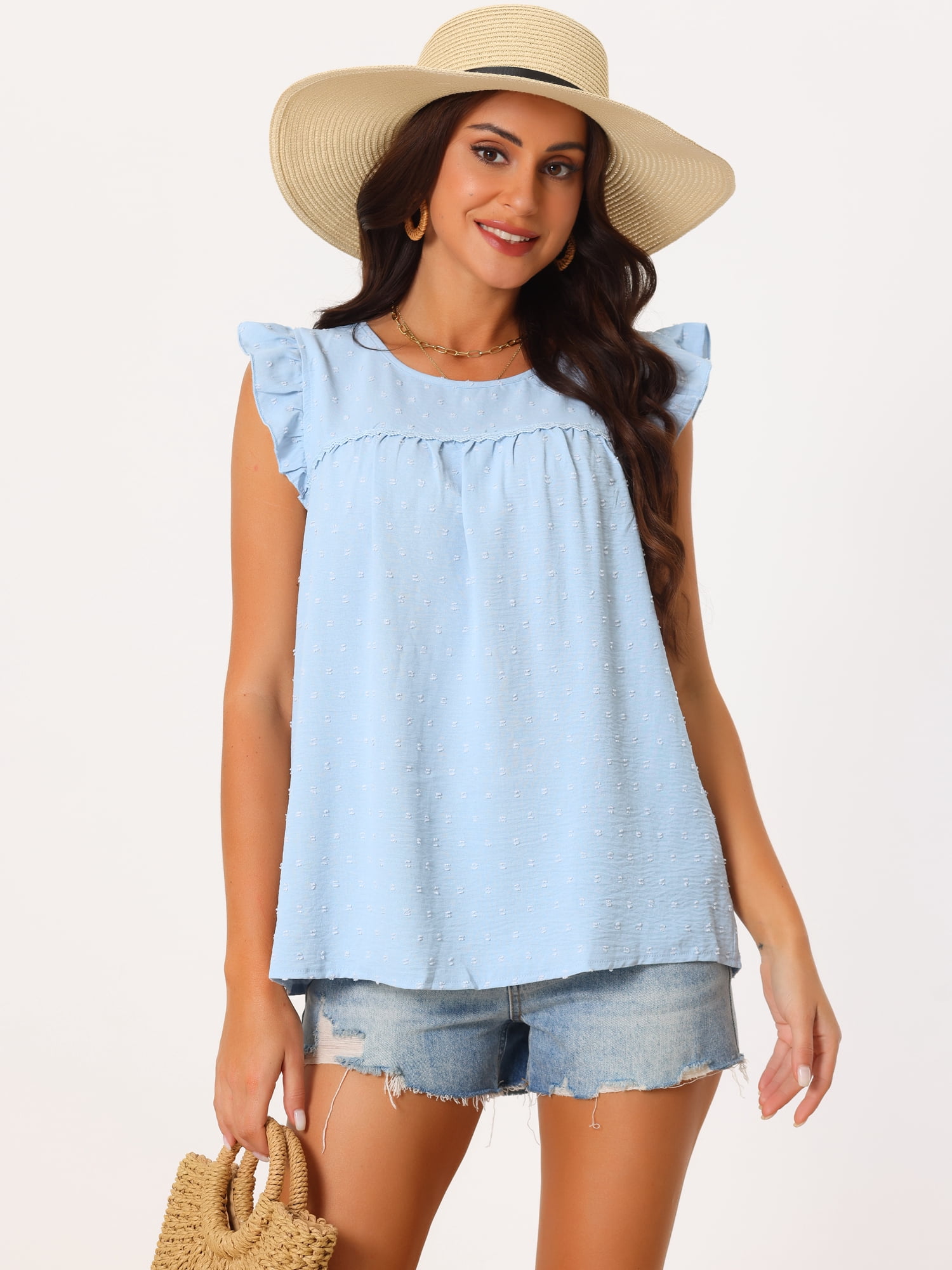 DARING DIVA Women's Swiss Dots Ruffle Sleeveless Crewneck Blouse Shirt S Light Blue
