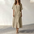 thumbnail image 5 of Horkkom Linen Dress Women Solid Color Crew Neck Short Sleeve Maxi Dresses Casual Flowy T Shirt Dress, S-2XL, 5 of 10