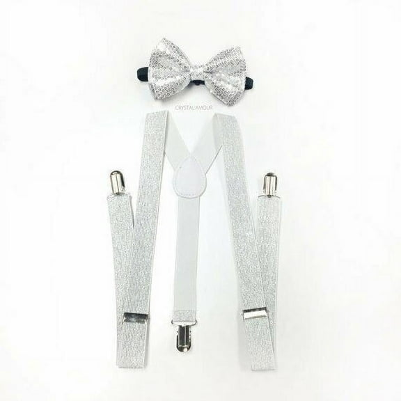 Silver White Glitter Suspenders and Matching Bowtie Set Wedding Prom Dance - New with box/tags