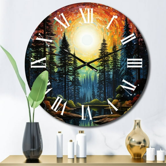 Designart "Yellow Forest magic Watchers Pointillism" Landscapes Oversized Wall Clock