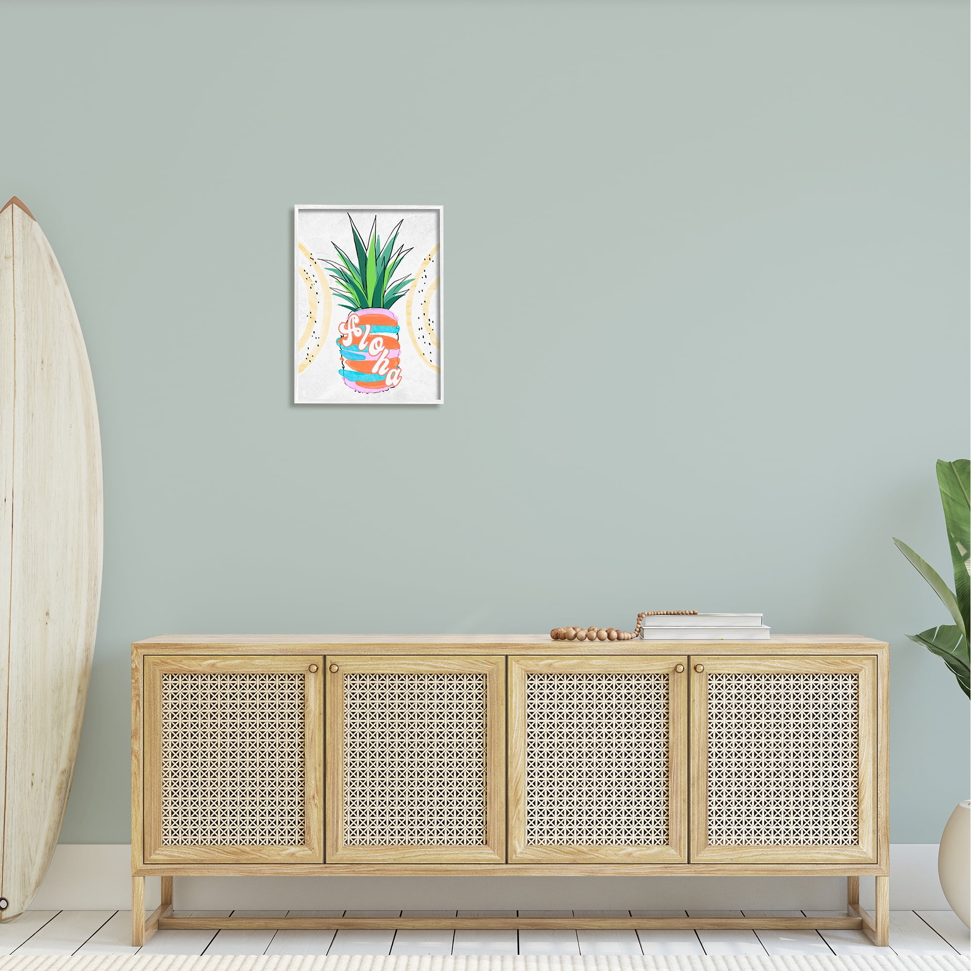 Stupell Industries Tropical Aloha Pineapple Bold Leaves Groovy Text Graphic Art White Framed Art Print Wall Art, Design by Ziwei Li