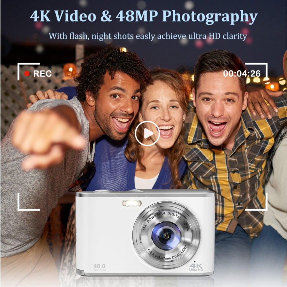 Digital Camera,4K 48 MP Auto Focus Camera Selfie with Front and Rear Dual Lens with 32GB Card and 1 Batteries,16x Digital Zoom,Mini Travel Blog Camera for beginners