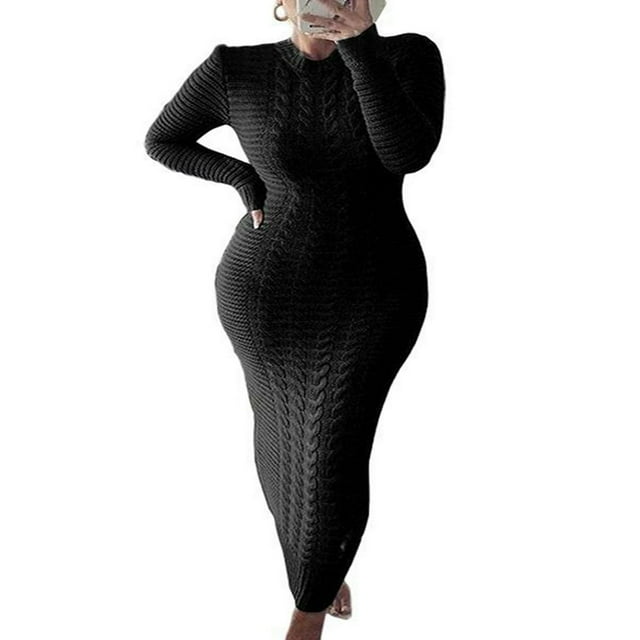 Women Long Sleeve Knitted Dress Crochet Pattern Solid Ribbed Casual Dress