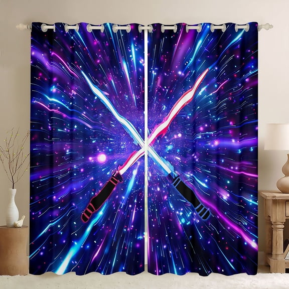 Manfei Modern Cool Lightsaber Curtains Pack of 2 (42x84 Each),Cartoon Light Sword Curtains Blackout,Neon Purple Bedroom Curtains For Boys Kids,Breathable Home Decor